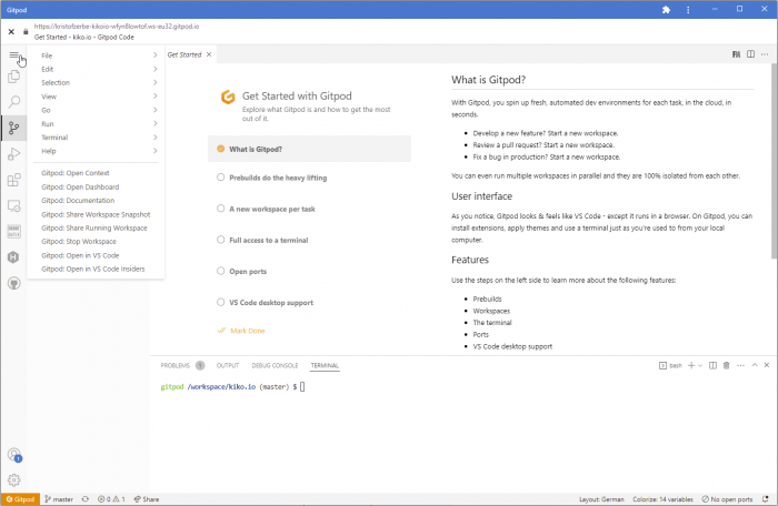 Gestartetes Projekt in Gitpod (Bild: Kristof Zerbe)